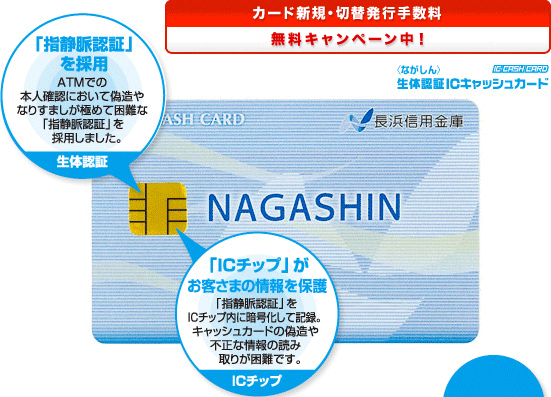 カード新規・切替発行手数料無料キャンペーン中！／「指静脈認証」を採用（生体認証）……ATMでの本人確認において偽造やなりすましが極めて困難な「指静脈認証」を採用しました。／「ICチップ」がお客さまの情報を保護（ICチップ）……「指静脈認証」をICチップ内に暗号化して記録。キャッシュカードの偽造や不正な情報の読み取りが困難です。